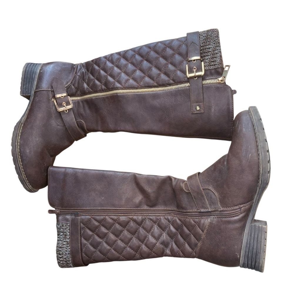 Knee High Brown Quilted Knit Riding Boots Women’s 7.5 Gold Buckle Zipper Accent - Picture 6 of 16